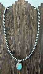 Sterling Silver Native Style SW No. 8 Turq & 5mm Desert Pearls Pendant Necklace
