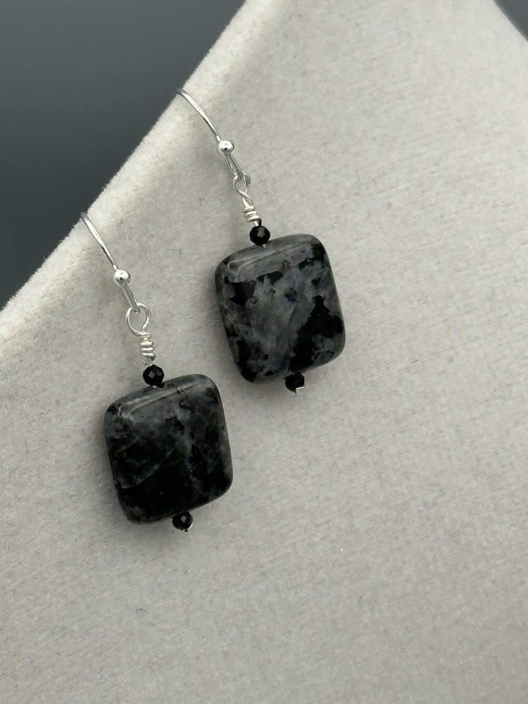 White Gold Plated, Black/Gray Larvikite And Black Spinel Dangle Earrings