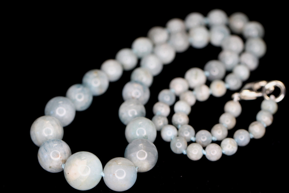 Aquamarine Natural Gemstone Graduated Ball Silk knotted Handmade Necklace 21″
