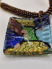 Art Glass Necklace Pendant Handmade Bead Cord 18″ MultiColor Green Artisan