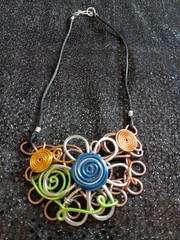 Multicolored Handmade Artsy Aluminum Wire Design Pendant Necklace Satin Cord