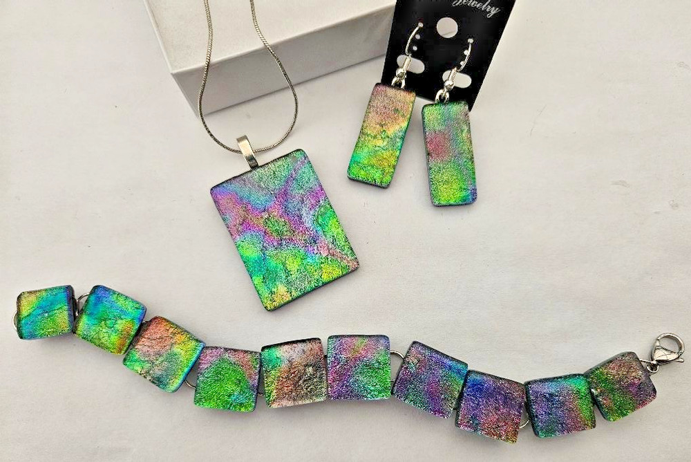 Handcrafted Multicolor Fused Dichroic Glass Pendant, Earring, Bracelet Set