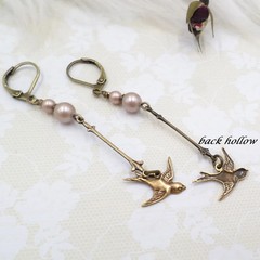 Handmade Antique Brass Small Bird Earrings, Champagne Pearl Cottagecore Jewelry