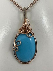 Handmade Copper Wire Wrapped Turquoise 1 1/3 x 2 3/4 Oval Pendant 18″ Chain #219