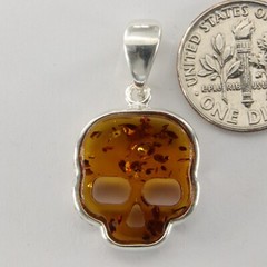 Cognac / Brown BALTIC AMBER Dead Skull Pendant 925 STERLING SILVER Tibuki #9036e