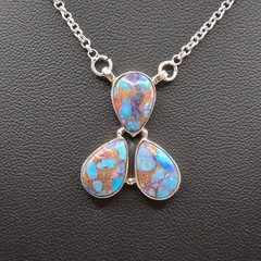 Blue Copper Turquoise Necklace Sterling Silver 3 Stone Pendant Southwestern