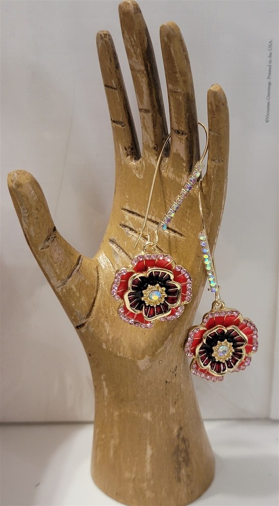 Victorian Trading Poppy Flower Dangle Drop Earrings Red Purple Rhinestone 30J