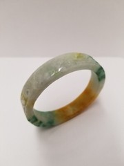 Carved Bird Heat Treated Dyed Green Yellow Jade Bangle I.D. 60mm W. 6mm H. 15mm