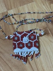 Handmade Glass Seed Bead Necklace Pouch Tassels BOHO Red White 17″ Drop NEW