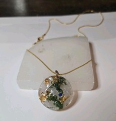 Rose Quartz & Green Moss Resin Pendant Necklace 18K Gold Plated Snake Chain 20in
