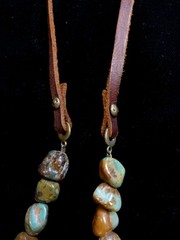 Stone Nugget Necklace Blue Green Brown Matrix Leather Tassel Rustic Boho Long