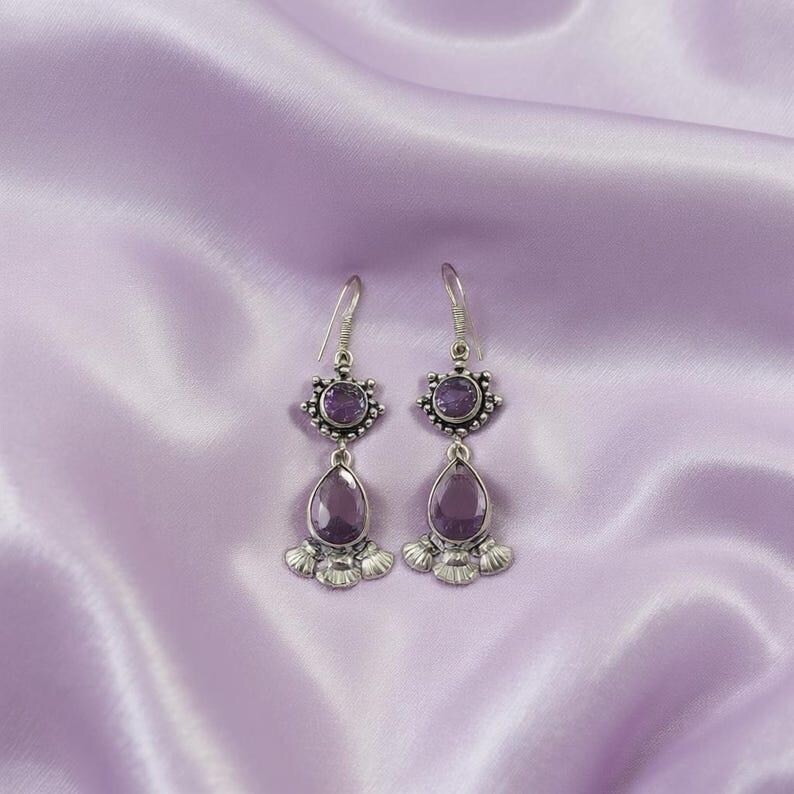 Amethyst Dangle Earrings Handmade Antique Silver Boho Style Jewelry Gift