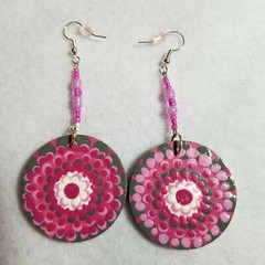 Dot Art Bohemian pink Gray Handmade Artisan Earrings