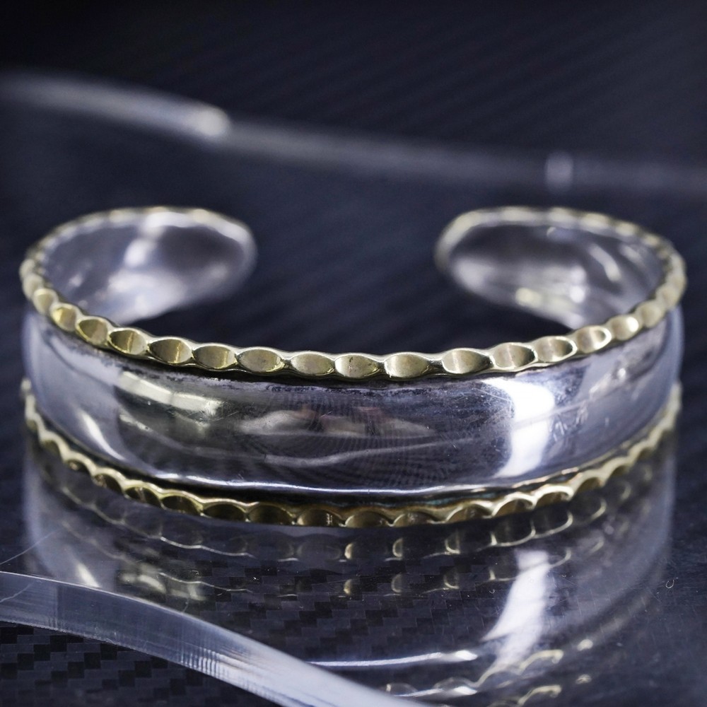 6.5”, vintage two tone Sterling Silver 925 brass trim cuff bracelet