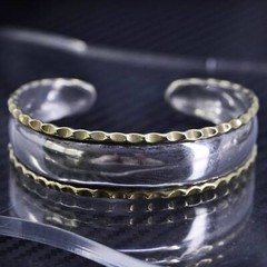 6.5”, vintage two tone Sterling Silver 925 brass trim cuff bracelet