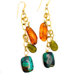 Vibrant Colorful Gemstone Amber Turquoise Peridot Goldtone Dangle Earrings 3″