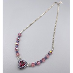 Sterling Silver Purple Pink Crystal Heart Necklace Sparkling Beaded Chain