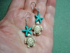 2″ Drop Dangle Faux Turquoise Starfish & Sea Turtle Charm SP Earwire Earrings