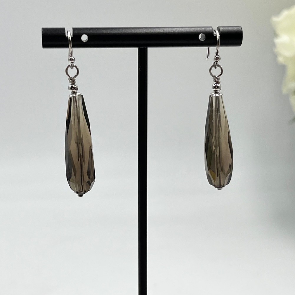 Artisan Sterling Silver Faceted Smokey Quartz Briolette Long Dangle Earrings