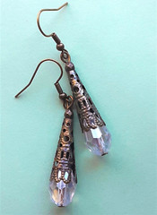 CLEAR FACETED CRYSTAL teardrop earring BRONZE FILIGREE handcrafted XBAA