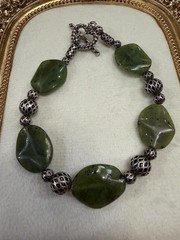 Artisan Natural Nephrite Jade Bracelet Olive Green Gemstone Silver Tone Toggle –