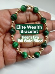 Green Tigers Eye 14K Gold Filled Stretch Bead Bracelet 8MM Wealth Healing New