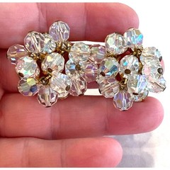 Vintage clip on earrings clear crystal clusters on gold tone dripping crystals