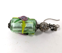 Lampwork Art Glass Dangle Earrings Sterling Silver Hook Green Pink Rose w Foil