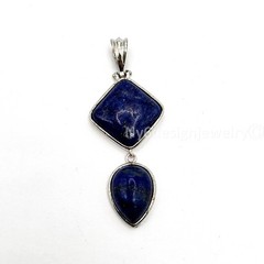 Natural Lapis Lazuli Two-Stone Pendant Silver Plated Geometric Square & Teardrop