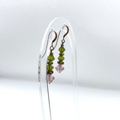 Sterling Silver Olive Green and Pink Bicone Crystal Dangle Earrings 925 Drop