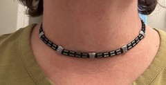 Stretchy, Dainty Black Spinel and Red Glass Beaded Choker With Metal Stations.