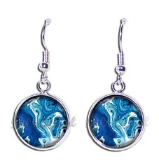 Ocean Swirl Abstract Pattern – Handmade Resin Dangling Earrings SILVER PLATED
