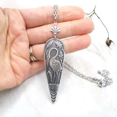 Antique Silver Plated Heron Crane Pendant Necklace, Art Nouveau Bird Lover Gift