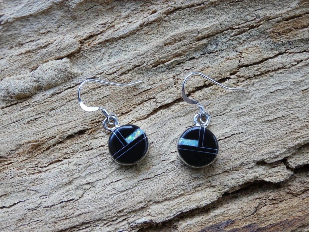 Black Onyx Opal Gemstone Sterling Silver Petite Round French Wire Earrings AC91