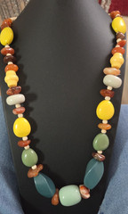 Boho Southwest Style Mixed Stone Necklace Carnelian Agate Wood Beads Ceramic 30″