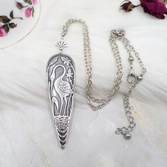 Antique Silver Plated Heron Crane Pendant Necklace, Art Nouveau Bird Lover Gift