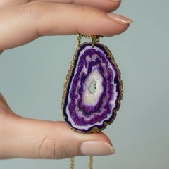 Med Faux Amethyst Geode Slice Polymer Clay Handmade Pendant Necklace SS Chain