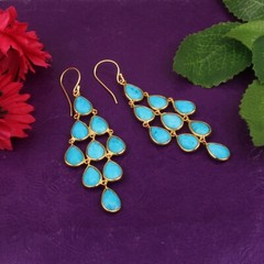 925 Silver 18K Gold Plated Turquoise Gemstone Wedding Chandelier Earrings