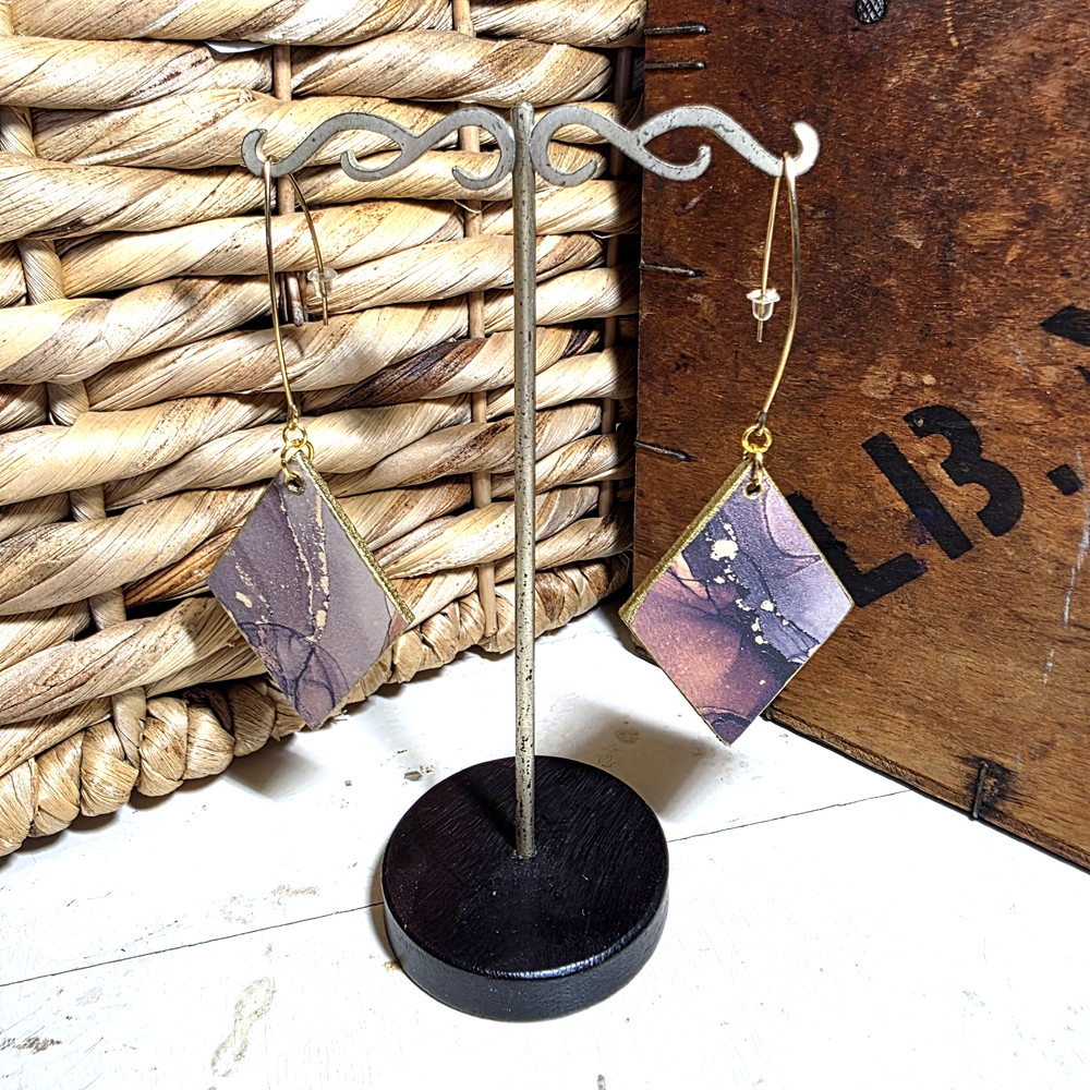Handmade Abstract Wood Statement Earrings OOAK Taupe Brown Gold Metallic Dangles