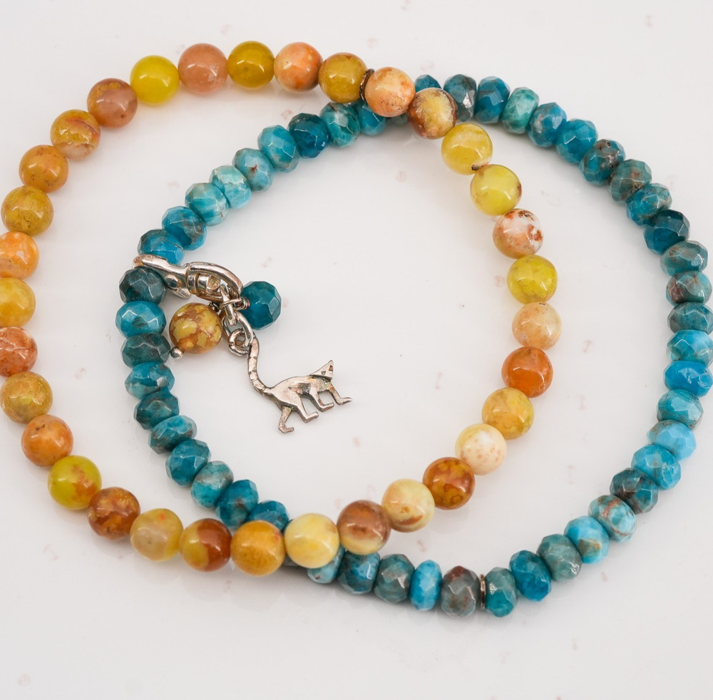 23.8g Jay King Apatite Agate Bead Bracelet Sterling 925 Lemur Charm 7in Boho