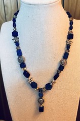 VTG Cobalt Blue Glass Celestial Sun Star Artisan Necklace 16-19”