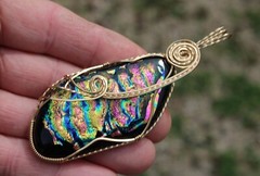 Large Dichroic Glass Pendant 14K Gold Filled Wire-Wrapped Iridescent Multi Color