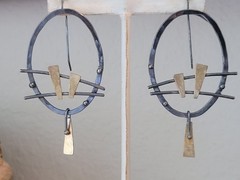 RARE JAPANESE DESIGN OXIDIZED STERING SCULPTURAL OVAL EARRINGS WITH 22KT GOLD