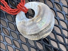 NEW Abalone Shell & Red Seed Beads Beachy Necklace w/Button Clasp VINTAGE