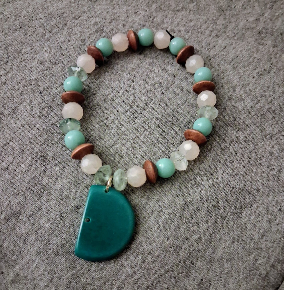 Handmade Beaded Stretch Charm Bracelet Wood Blue Green Brown Pink One Size