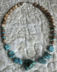 Turquoise Blue Howlite & Picture Jasper Southwest Style Beaded Necklace-Handmade