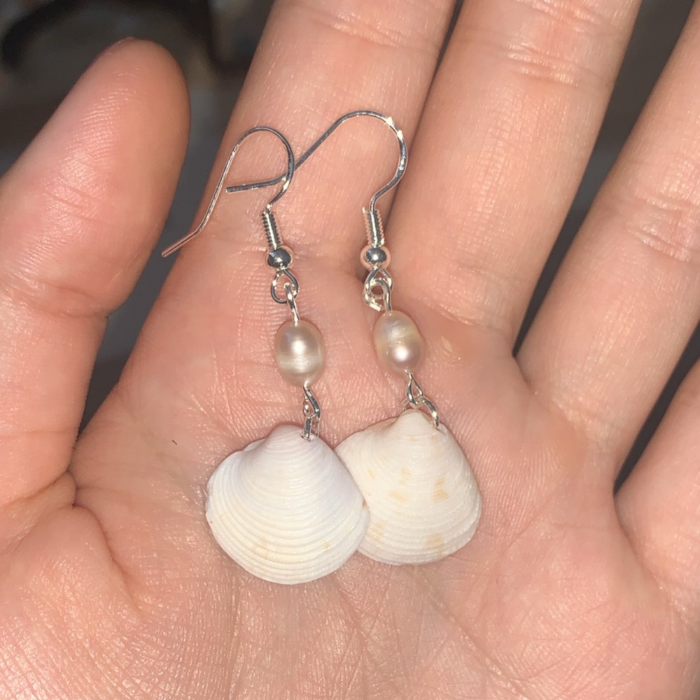 Handcrafted Shell Pearl Dangle Earrings White Beach Nature Hook