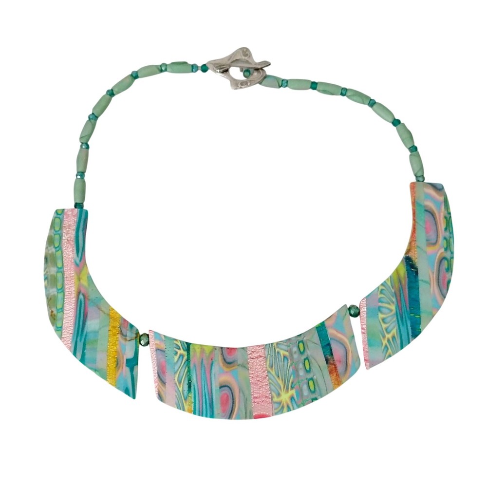 Karen Mical Design Necklace Green Pink Yellow Clay Colorful Artisan Statement