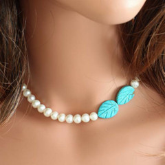 Turquoise Carved Leaves and Pearls Necklace