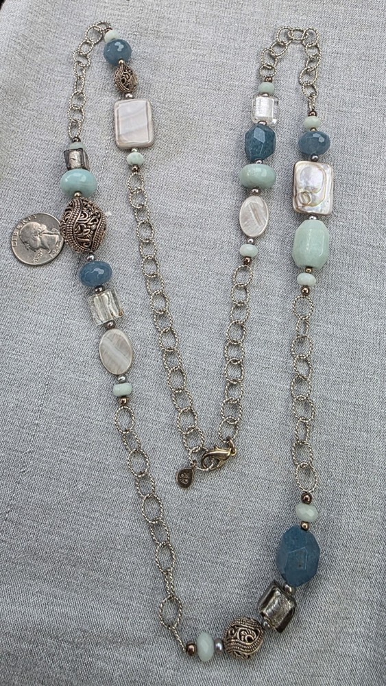 Long textured Link Barse faceted Blue Stones MOP 36” openwork scroll Necklace A9